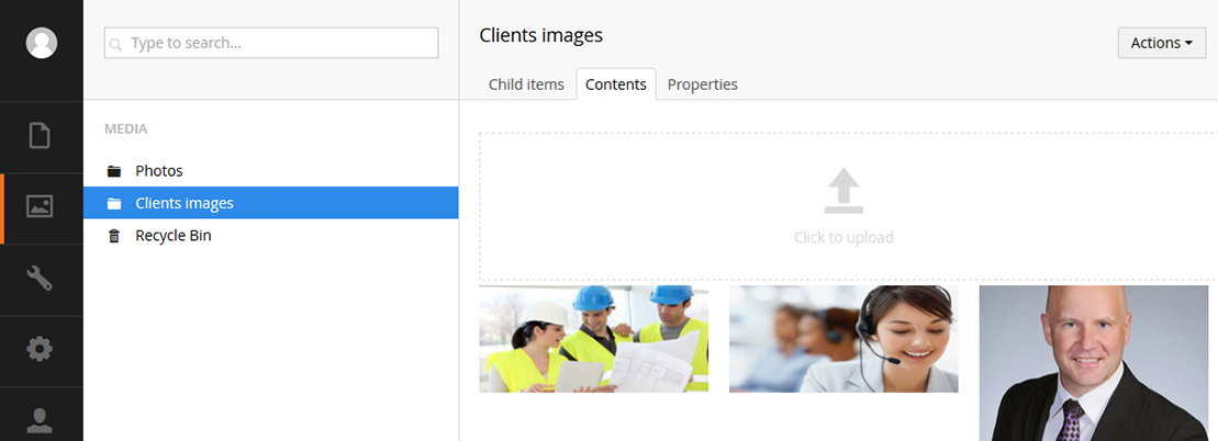 Screenshot of Umbraco’s Photos directory containing several visual items